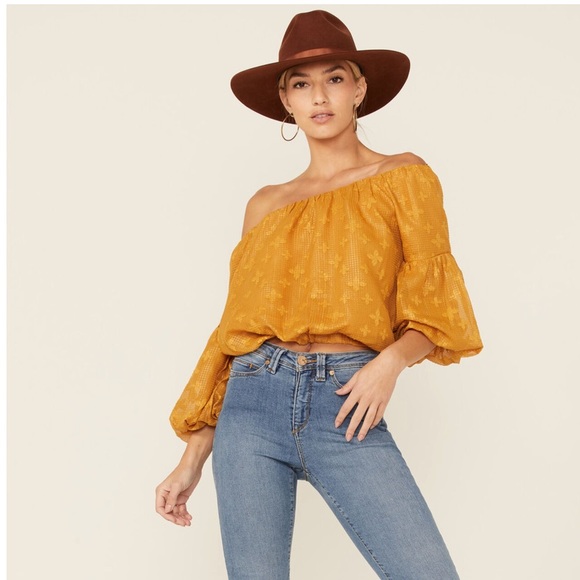 A. calin flying tomato Tops - FLYING TOMATO Off The Shoulder Mustard Crop Top